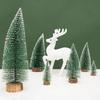 Mini Christmas Trees Artificial Pine Tabletop Decor Snow Top Dark Green Silver White Wood Base Xmas Party Decoration Decoration