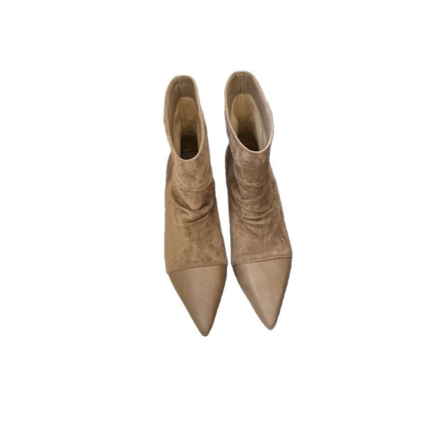 Women's shoes real shot pointed retro elastic boots autumn and winter suede splicing thin boots rear zipper versatile solid color