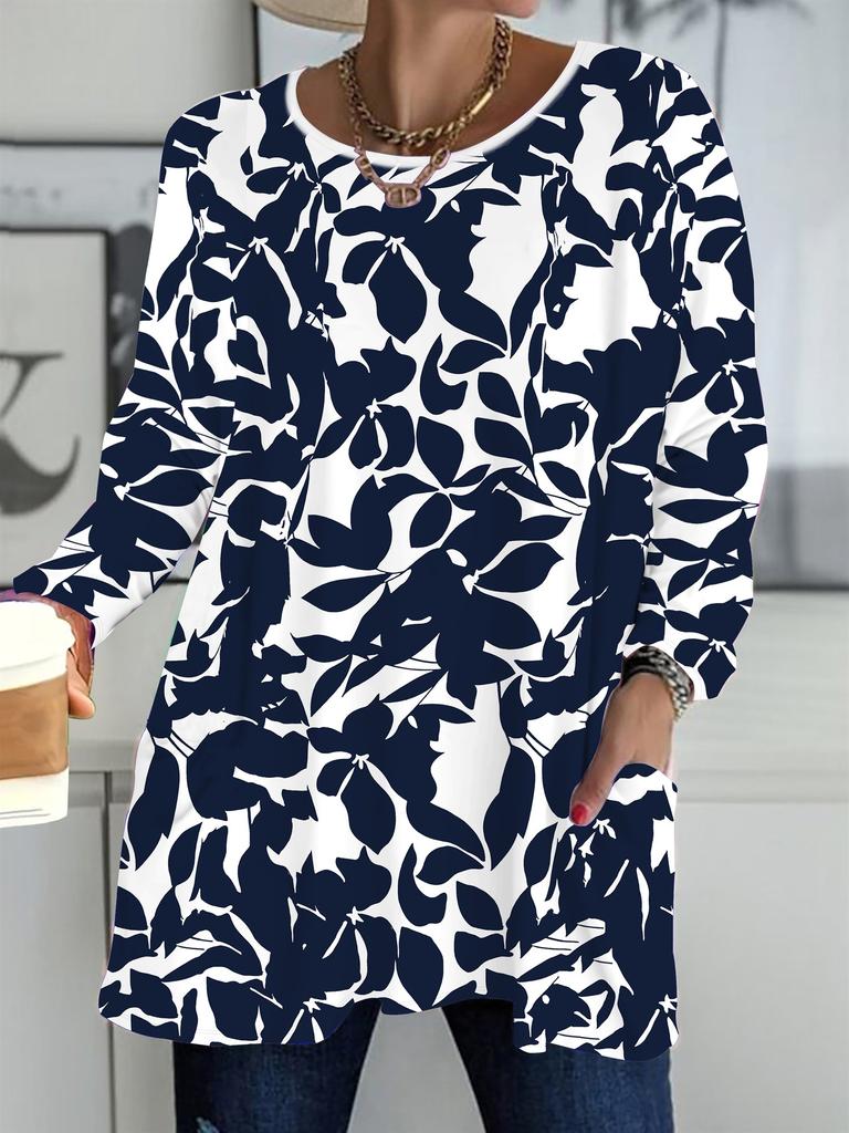 2025 Autumn Winter New Plus Size Women's Tops, Flower 3D Print Fashion Crew Neck Long Sleeve T-Shirts