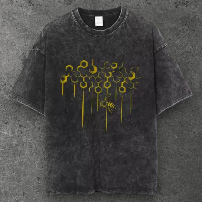 Unisex Honeycomb Bee Oversized T Shirt Washed Black Y2K Streetwear S-3XL S разноцветный