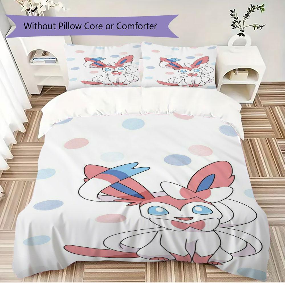 Pink Sylveon Design 3 Piece Bedding Set Cute Pokemon Theme Duvet Cover Pillowcases For Kids Girls Room