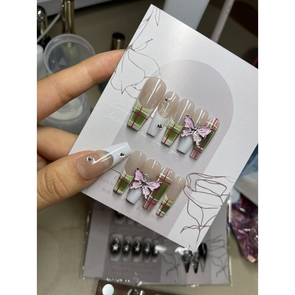 

Искусственные ногти ручной работы, плед из сплава, розовая бабочка, длинные трапециевидные ногти для фототерапии, накладные ногти, многоразовые и съемные ногти L