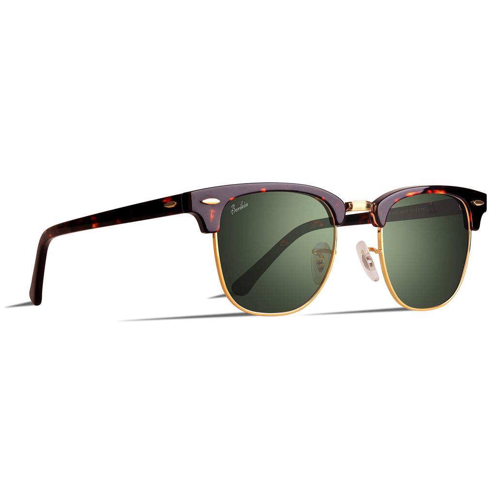 Berikin Classic Thermont Brow Sunglasses with Glass UV400 Tortoiseshell Green Half for Men Lenses, Unisex, Protection, Lenses, Gold, Frame,
