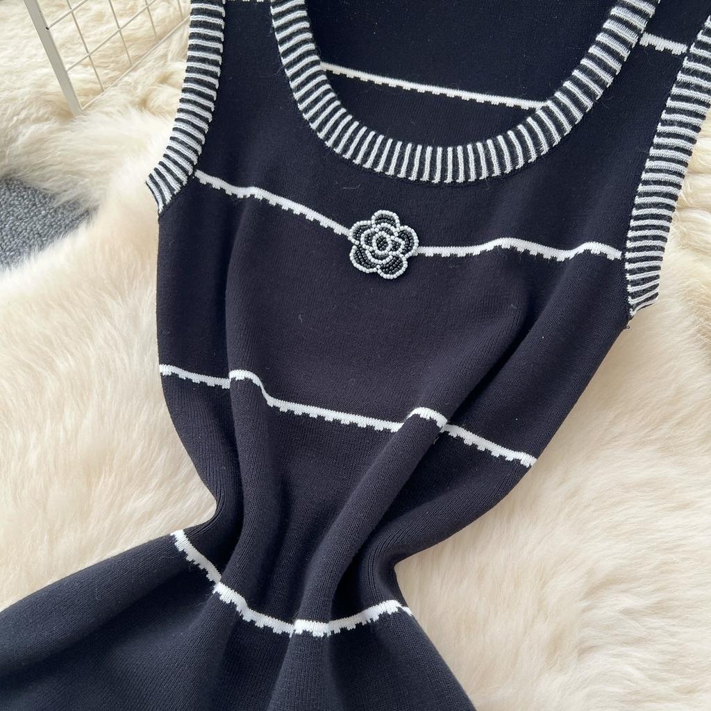 Summer Women Casual Black Sleeveless Striped Long Maxi Knitted Sweater Dresses