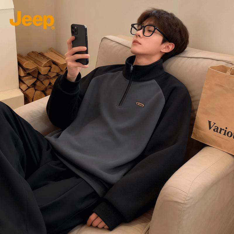 JEEP Men's American Style Color-Block Stand Collar Pullover Sweatshirt