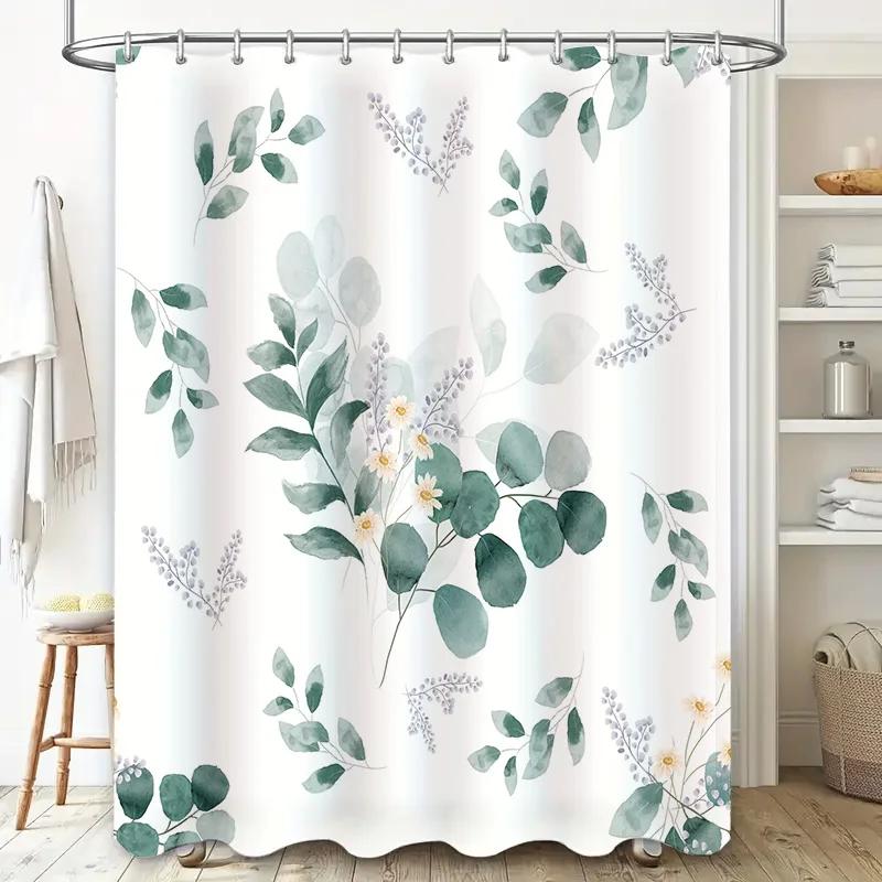 Green Leaf Pattern Shower Curtain Waterproof Bath Decor Home Decoration Customizable Size Available White Flower Design Shabby C