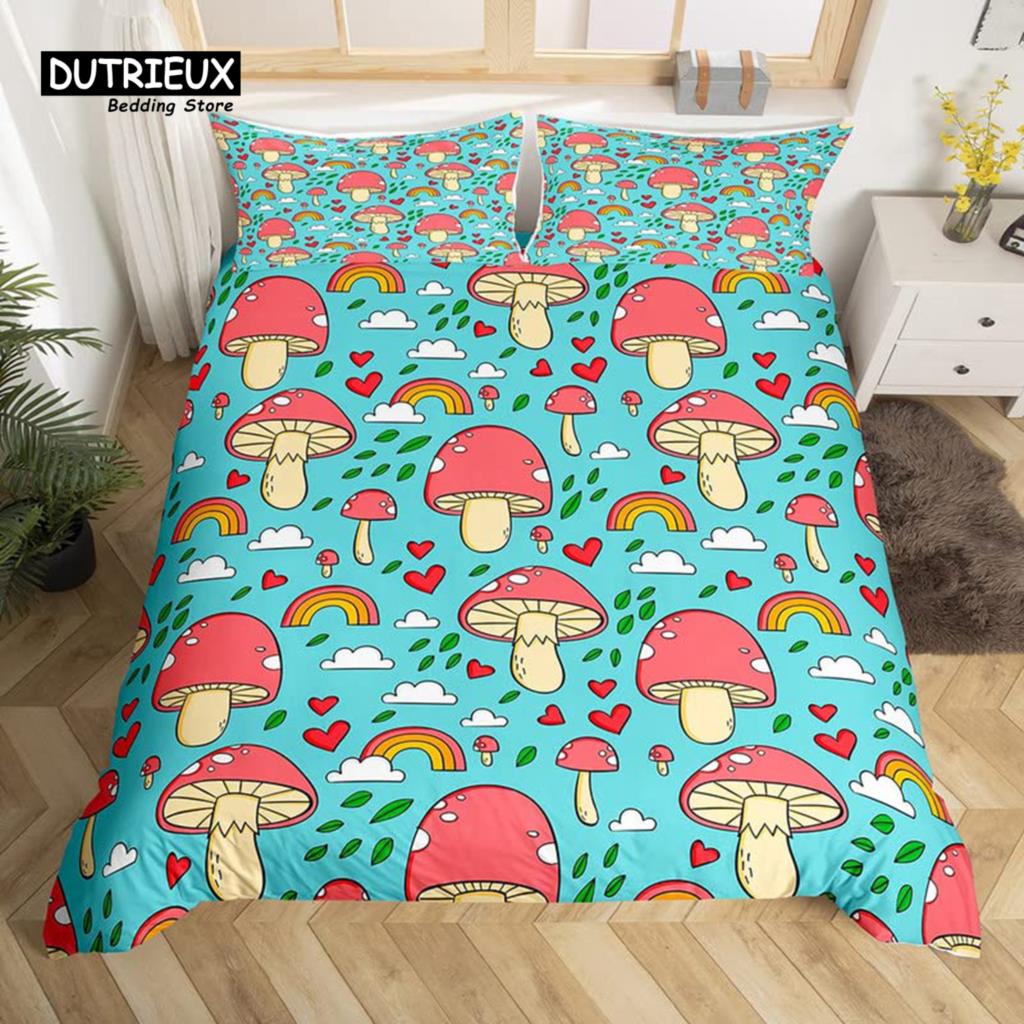 Cartoon Mushrooms Duvet Cover Kawaii Fungus Bedding Set Wild Mushroom Stuff Comforter Cover Twin King for Boys Girls Room Decor