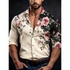 Men's Contrasting Rose Print Long Sleeved Shirt with Slim Fit Collar Shirt for Vacation Parties and Street Fashion Tops