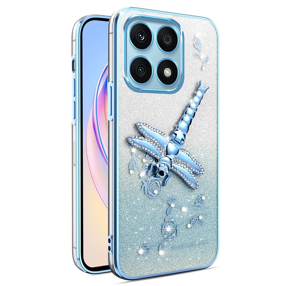 

For Honor X6a 4G Case Dragonfly Kickstand TPU Flowers Glitter Phone Cover Blue