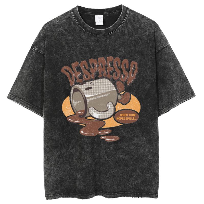 Casual Style Cartoon Coffee Cup Print Women T-Shirt Loose Wash Popular Short Sleeve Unisex Cute Distressed Top Men