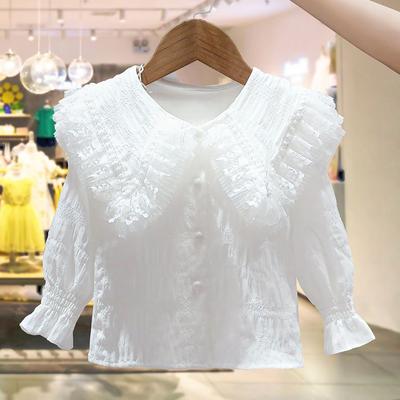 Girls Spring White Shirt 2024 New Versatile Doll Lace Collar Top Children Clothing