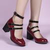 Sweet Retro Burgundy Leather Shoes Mary Jane Straps Round Head Doll Shoes Thick Heel High Heel Single Shoes Sweet Retro Style