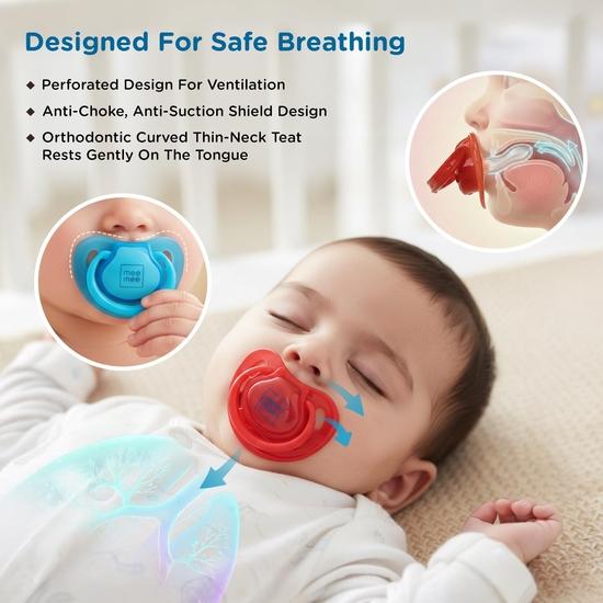 Mee Mee Baby Pacifier Ultra Light Soft Silicone Nipple| BPA Free | Oral Stimulatory | Teether | Pack of 2 | 0-6 Months + Kids (Blue/Red)