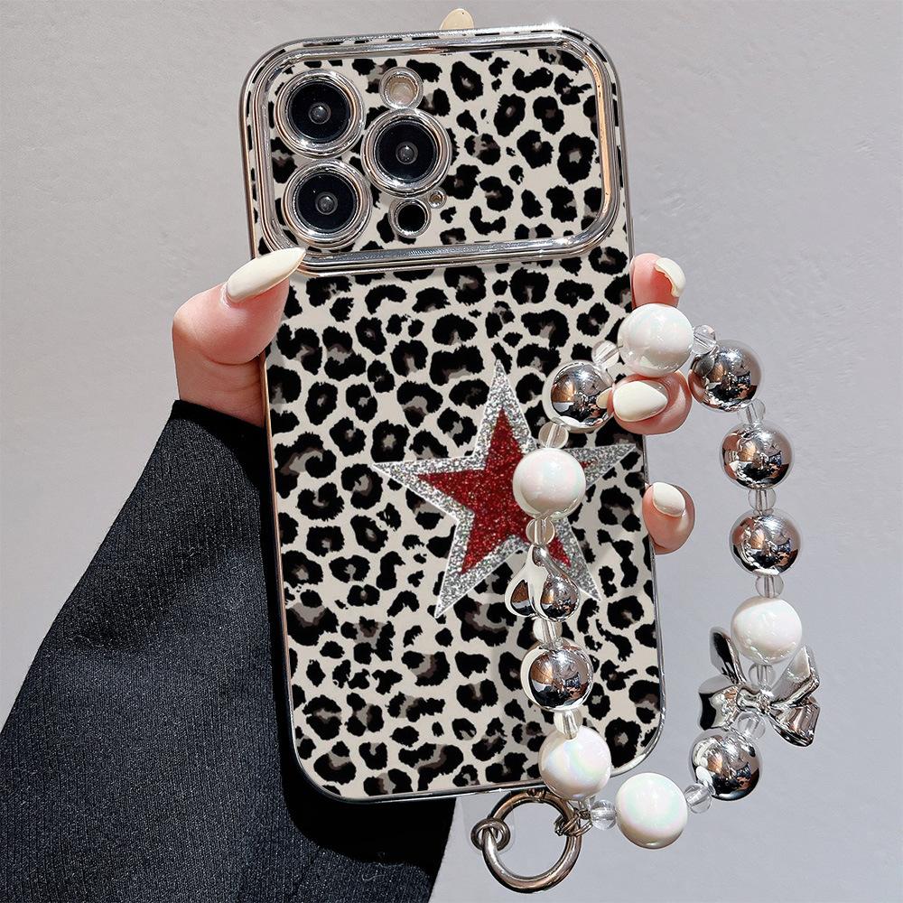 For 16 Glitter Pink Red Star Leopard Print Premium TPU Shockproof Phone Case for 17 Beaded Strap Hanging Chain Case