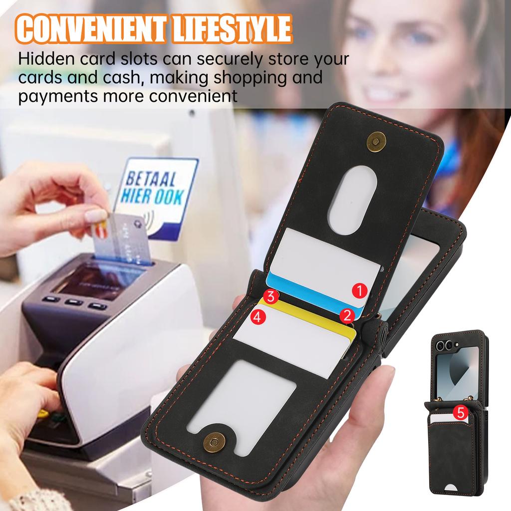 For Samsung Galaxy Z Flip7 FE 5G/Z Flip6 5G Case Card Holder Kickstand Leather + TPU Phone Cover with Shoulder Strap