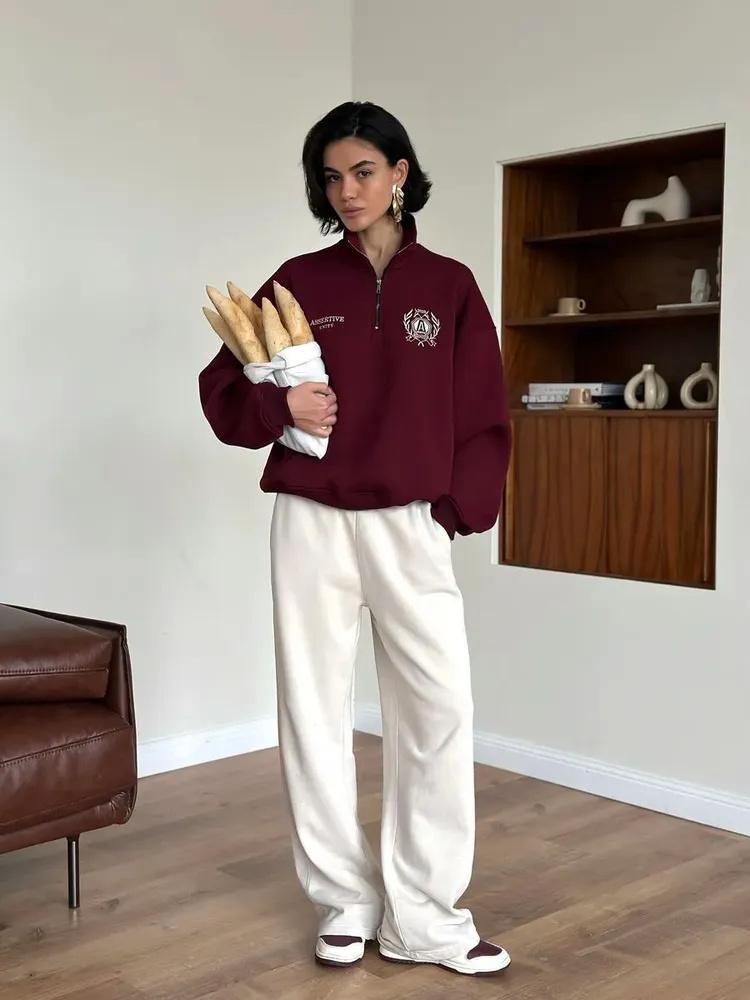 ,Modische Winter Oberbekleidung Halber Reißverschluss Stehkragen Umlegekragen Sweatshirt Lockeres Oberteil