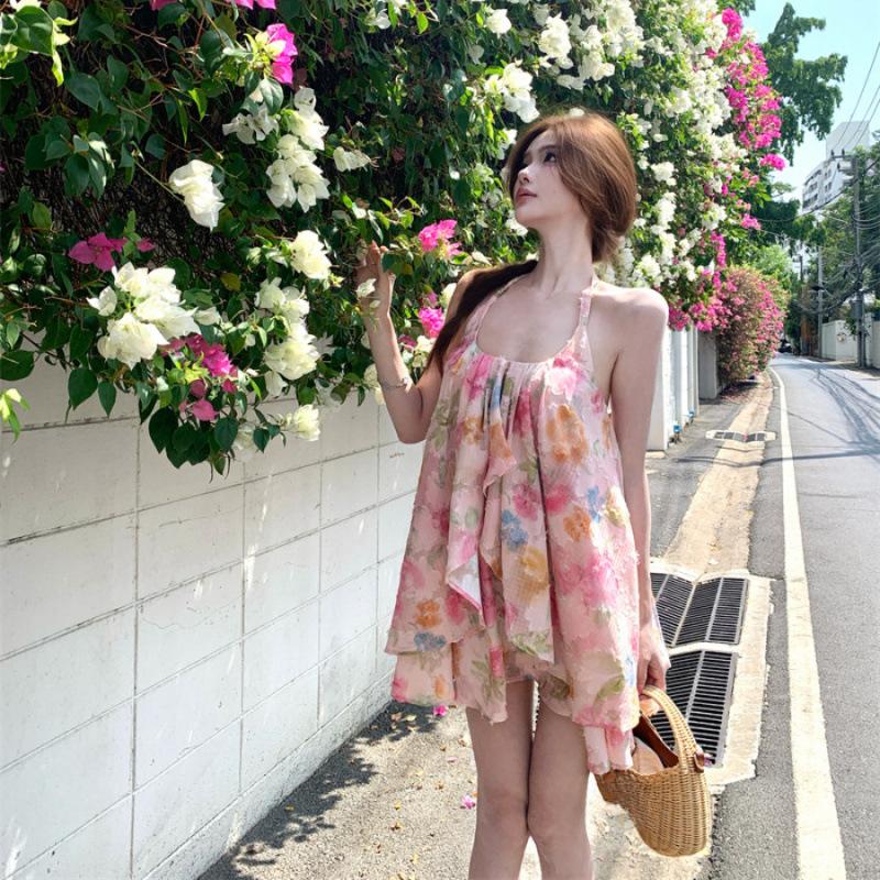 Coffee Break French Seaside Vacation Wind Floral Dress Women's Summer Loose and Thin Neck Backless Short Skirt