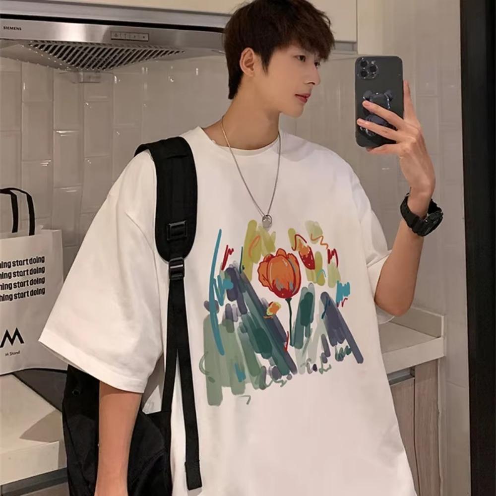 2025 Summer New Retro Flower Print T-Shirt Men High Street  Short Sleeve Tee Shirts Hip Hop Fashion Aesthetic Y2K Tops