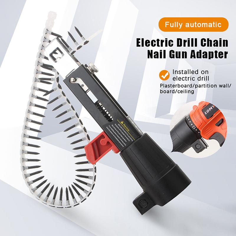 Automatic Screwdriver Chain Nail Gun Adapter For Electric Drill Woodwork Screw Drive Auto Feed Power Tool Part Attachment