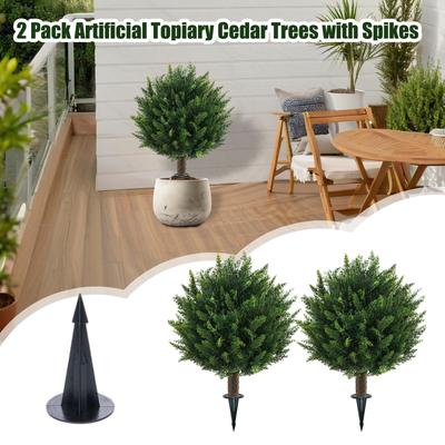 Artificial  Topiary Outdoor Plants With Spike, 2 Pack Faux Cedar Bushes UV Resistant Fake Shrubs For Front Porch Décor