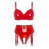 Womens Wet Look Patent Leather Lingerie Set Wire-free No Pad Bra Top High Waist Open Crotch Thong with Garter Clips for Clubwear
