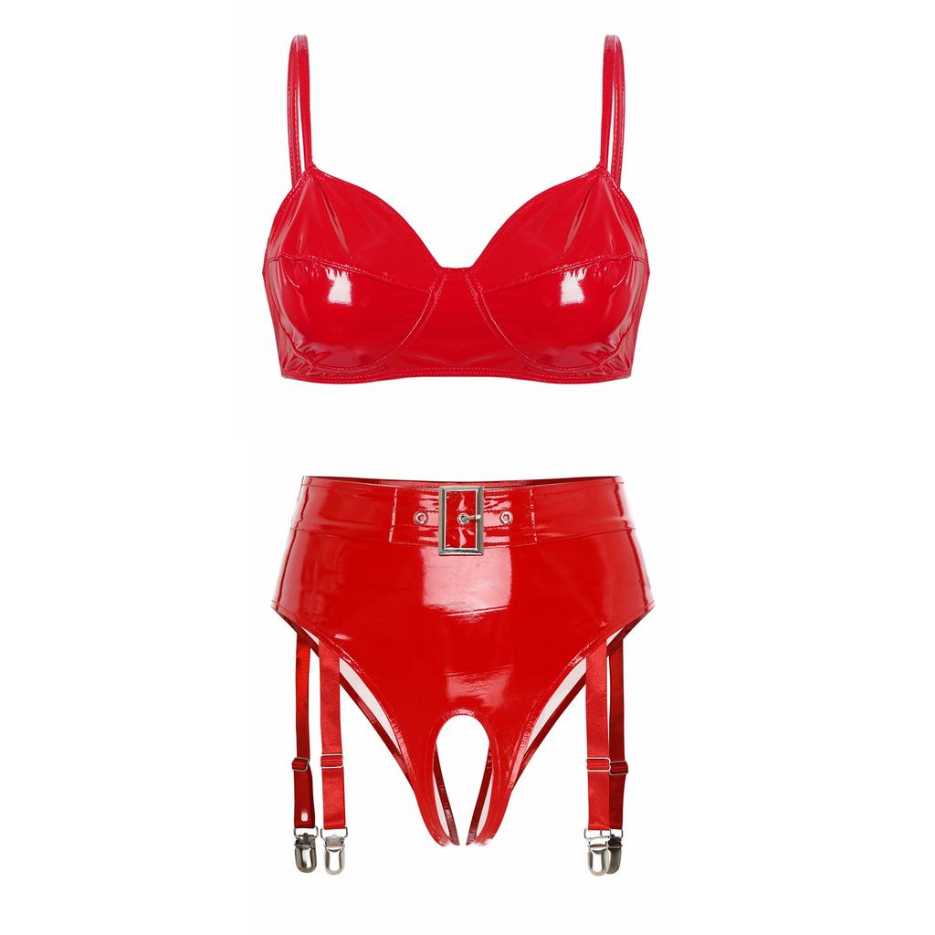 Womens Wet Look Patent Leather Lingerie Set Wire-free No Pad Bra Top High Waist Open Crotch Thong with Garter Clips for Clubwear