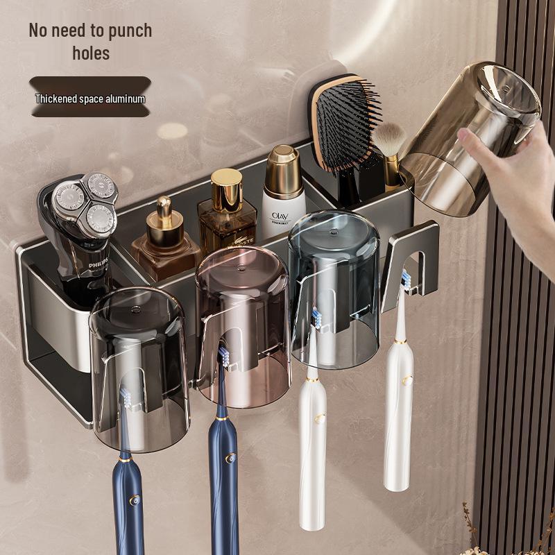 No-Drill Aluminum Wall-Mounted Toothbrush and Toothpaste Holder with Mouthwash Cup