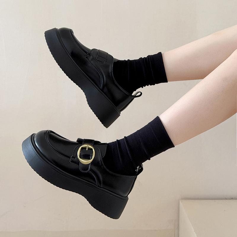 Fashion Fashion Single Shoes Autumn New Round Toe Deep Mouth Metal Buckle Platform Non-slip Loafers