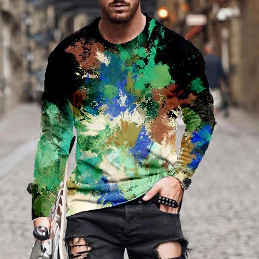 Spring and Autumn Round Neck 3D Artistic Printed T-shirts Fashionable Casual Long Sleeved Men's T-shirts
