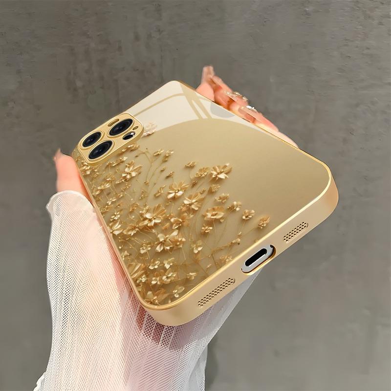 Elegante Fiore Dorato Vernice Metallica Oro Custodia in Vetro per Telefono Per iPhone 17 16 15 14 13 12 11 Pro Max 15 14 Plus 17 Air 16E Copertura