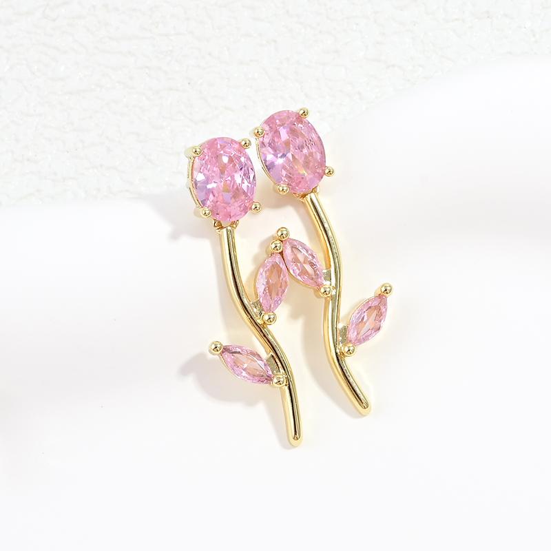 Gold Plated Tulip Stud Earrings Women Colorful Cubic Zirconia Rose Leaf Drop Earrings Minimalist Dainty Jewelry Gift:VE1824