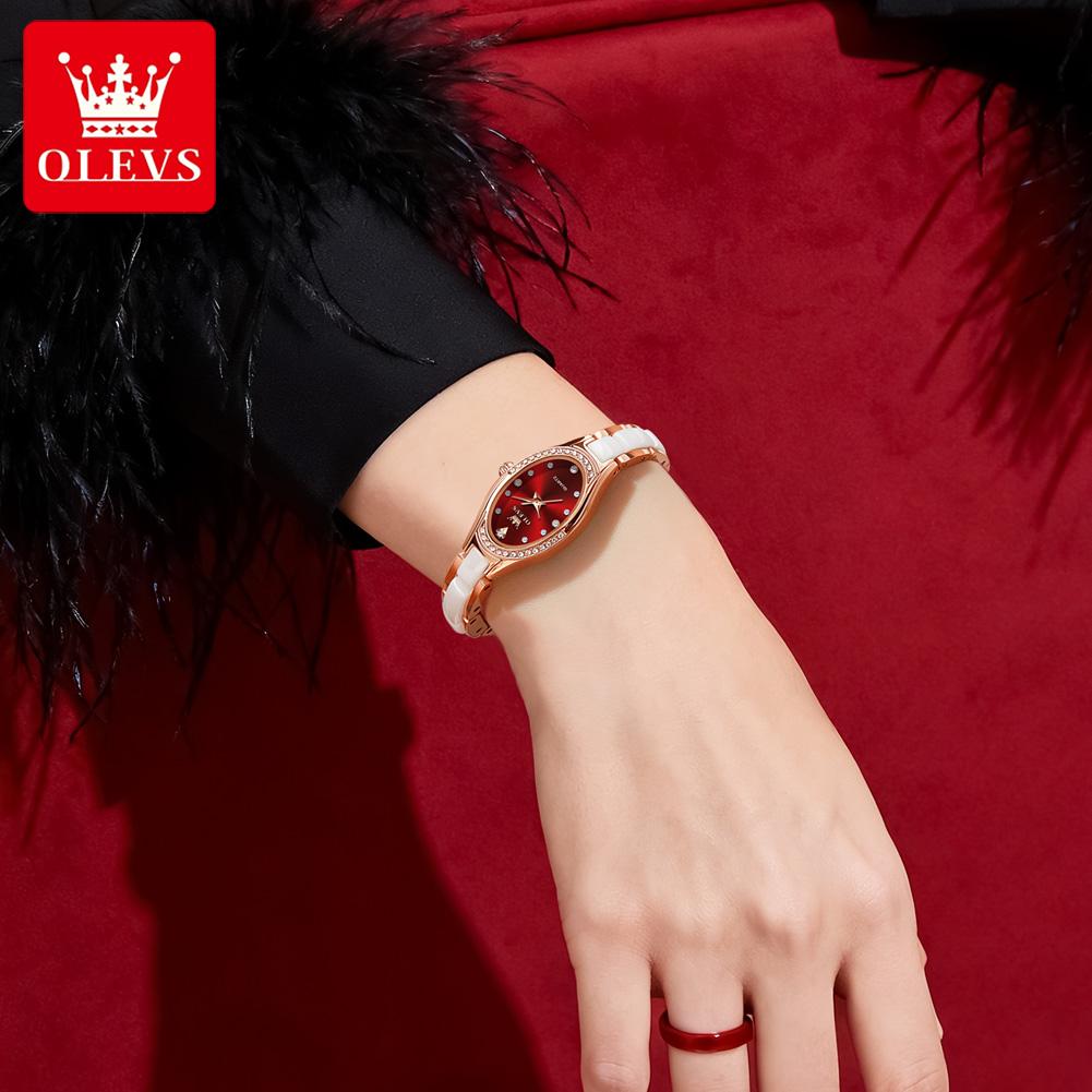 OLEVS 7131 Dámské hodinky Elegantní Luxusní Růžové zlato Keramický řemínek Diamantový rámeček Náramek Náramkové hodinky Originální Quartz hodinky pro ženy