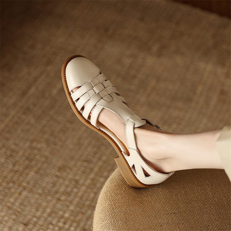 Fashion New Summer Sandals Genuine Leather Sandals Casual French Retro Round Toe Hollow Out GLADIATOR Sheepskin Sandals Thick Heel Shoes