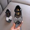 Spring-summer small/medium/large Korean-style girls' princess peep-toe rhinestone bowknot mesh flat shoes, leather shoes, performance dance shoes