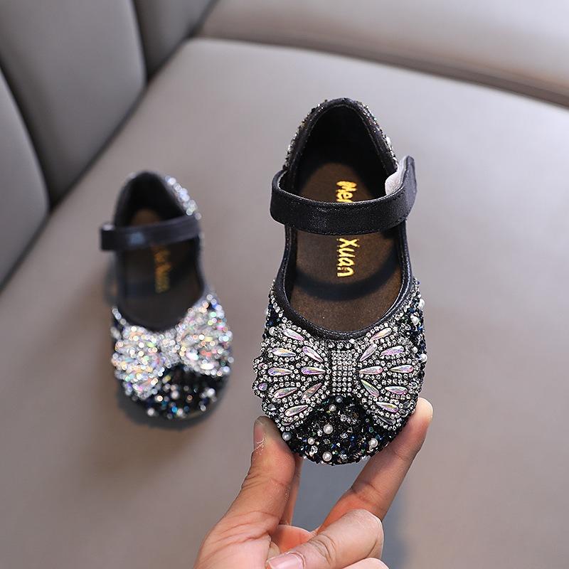 Spring-summer small/medium/large Korean-style girls' princess peep-toe rhinestone bowknot mesh flat shoes, leather shoes, performance dance shoes