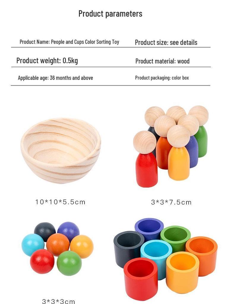 Montessori Color Sorting Cups & People Game: 7 Colors, Beads & Clips for Ages 1-4 Early Education