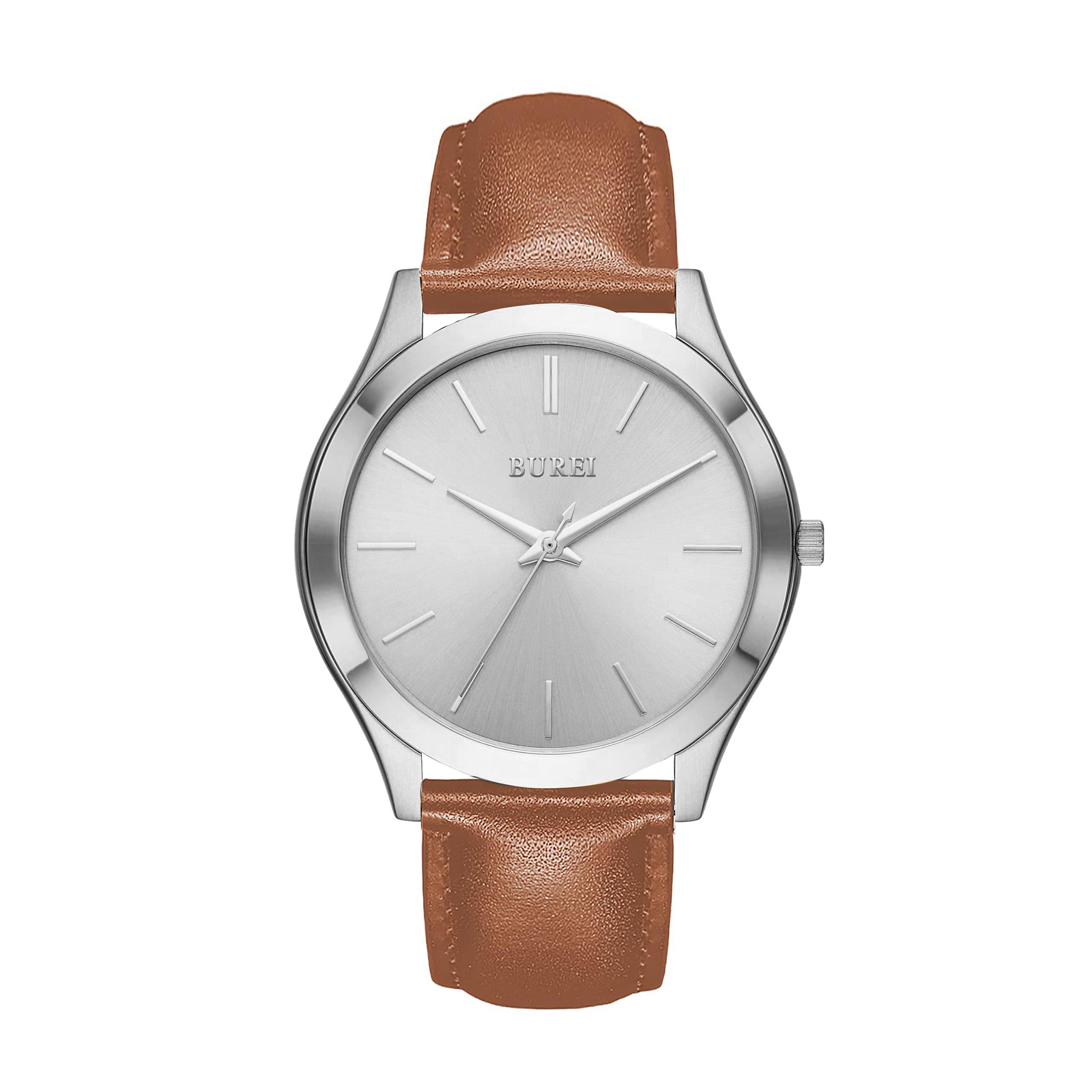 

BUREI Analog Quartz Brown Leather Watch Men s Watch, Waterproof, Strap, Popular, Slim, Simple, Stylish, Business, Casual, Men s (Silver, Leather)