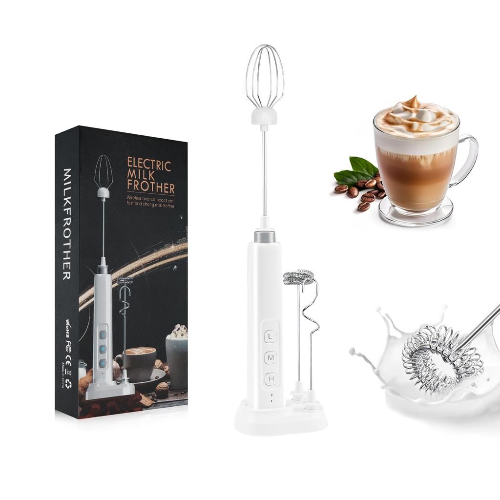 3-in-1 Electric Milk Frother, 3-speeds Power Adjustablehandheld Portable Electric Mixer, Placed Base Type-C Charging