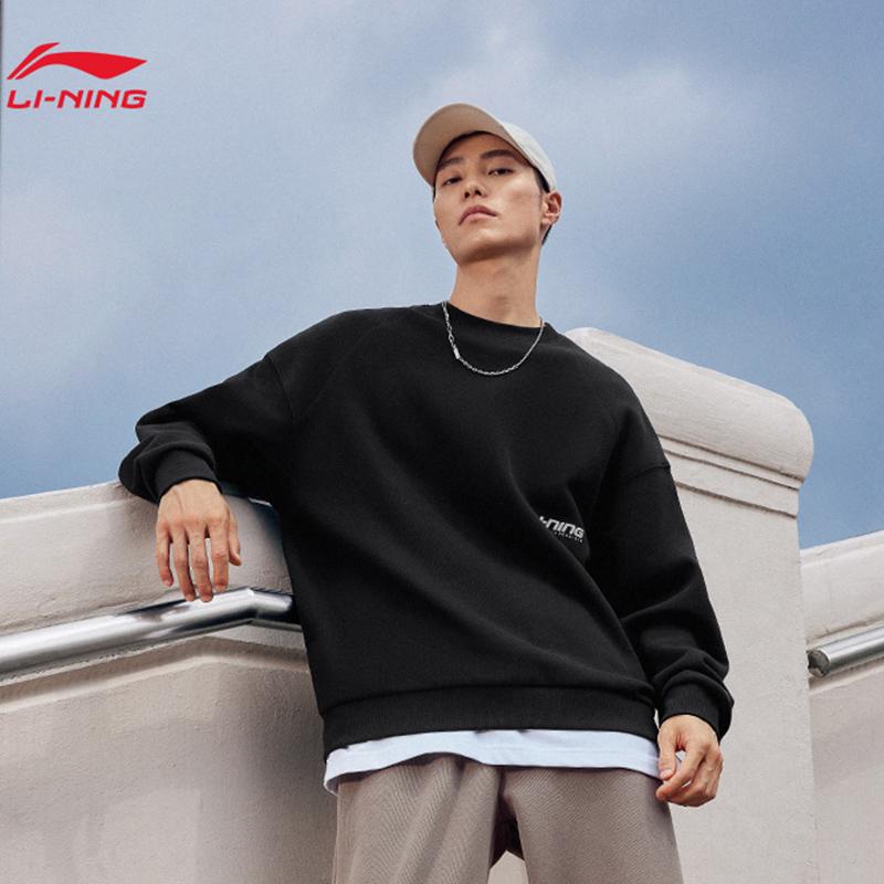 Li Ning Sports Lifestyle Series Letter Print Fleece Warm Reflective Pullover Crewneck Sweatshirt Unisex Sweatshirt Black AWDTB41-6