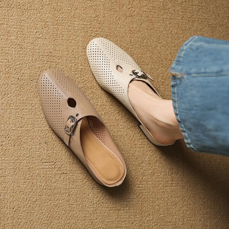 Fashion Women's New Genuine Leather Sheepskin Hollow Hole Metal Belt Buckle, Mid Heel Large Toe, Breathable M Ü Ller Slippers