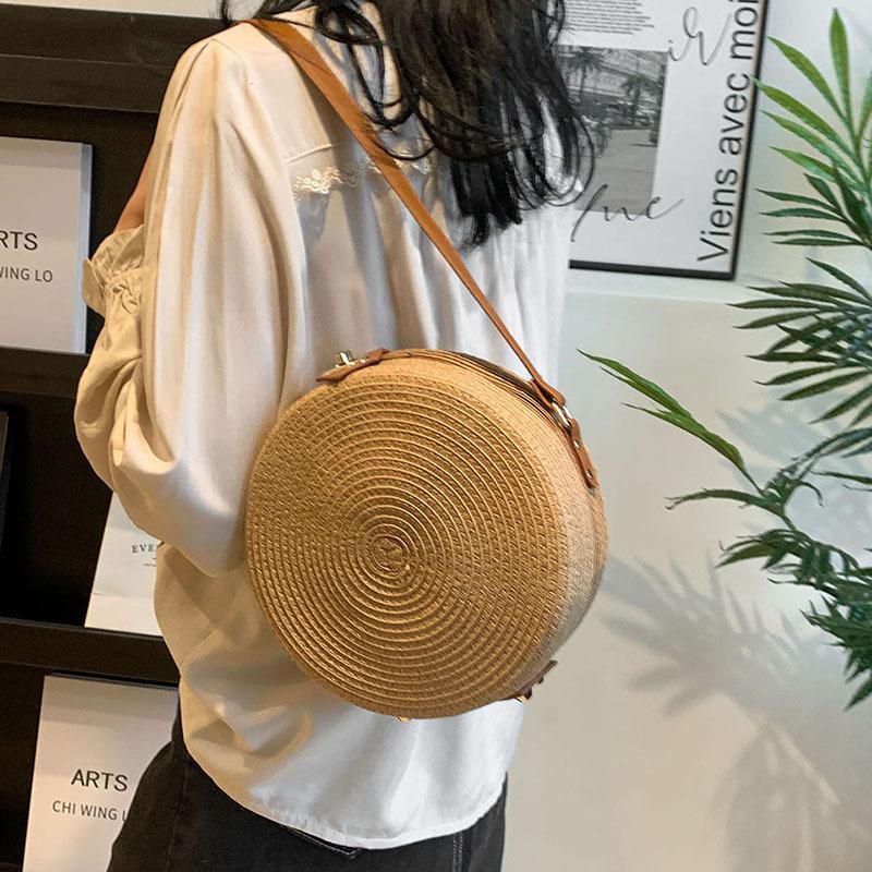 Yogodlns Geantă rotundă de țesut din ratan pentru femei, lucrată manual din frânghie de bumbac, geantă de tricotat de vară, geantă circulară de umăr, geantă de plajă vintage