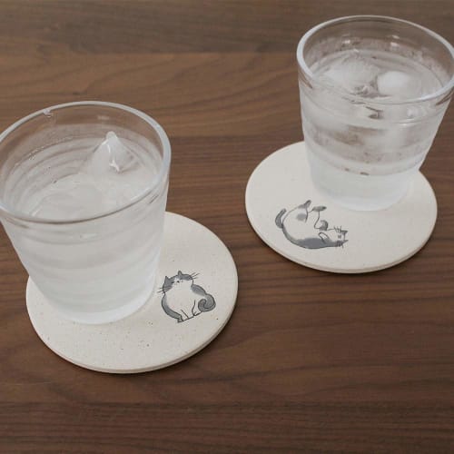 &NE Ceramic Diatomaceous Earth Coaster, Neko (Baking In the Sun), White, 9.7cm Diameter X 0.6cm Thick, Made In Japan, Mino Ware, Asbestos-Free, Absorb