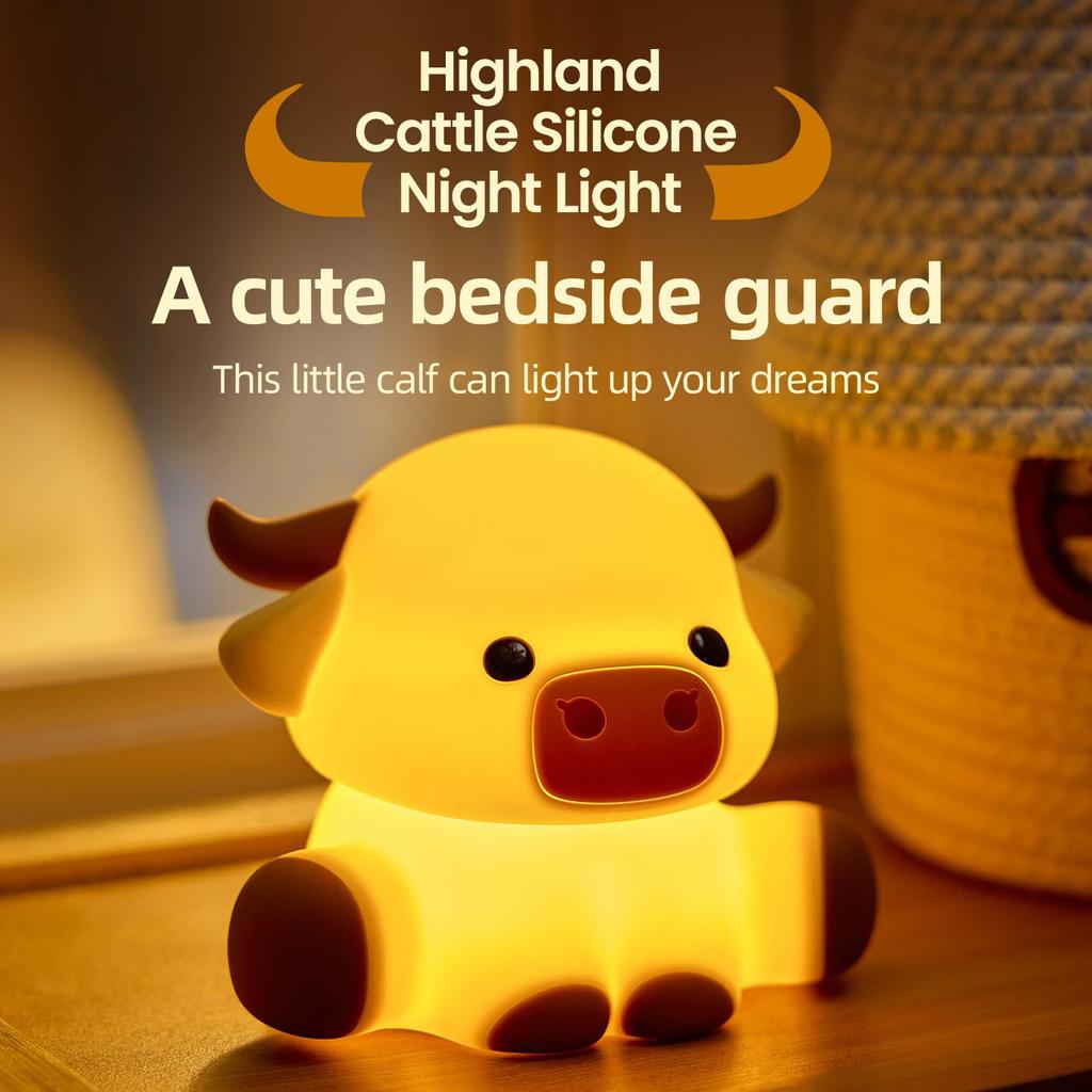 Cute Highland Cow Squishy Night Light W/ Dimmable Timer Cartoon Soft Animal Bedside Lamp Gift for Boys Girls Childs Table Decor