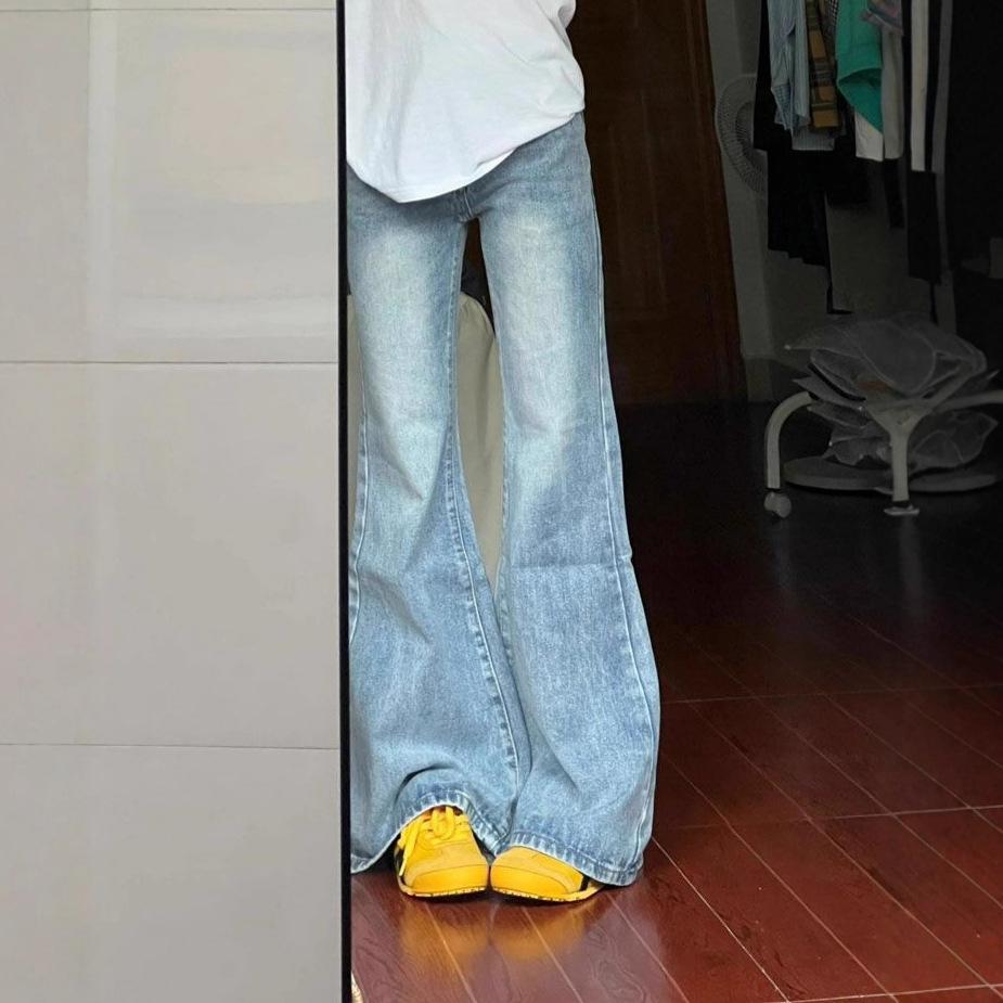 Light Colour Flare Jeans Women Big Size High Waist Design Sense Wide Leg Trousers Elastic Show Skinny Micro Flare Trousers Long Denim Pants