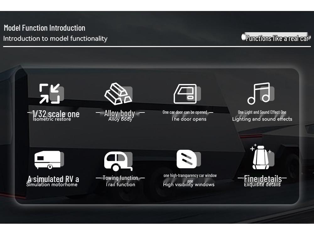 1:32 Tesla Pickup Truck Toy with Caravan: Alloy Pull-back Model with Sound, Light, and Opening Doors