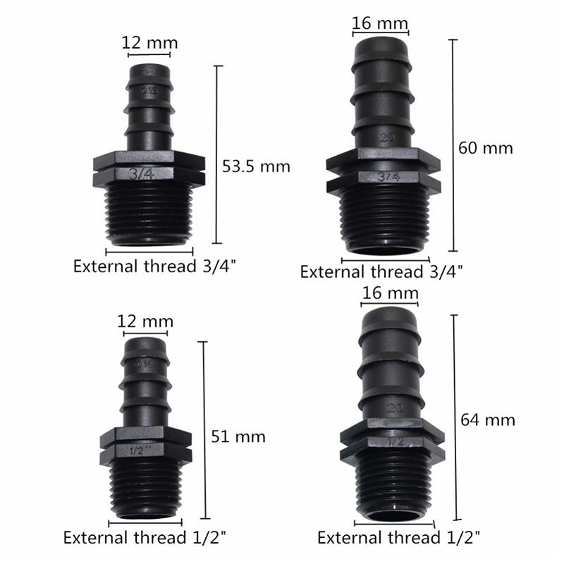 1/2" ,3/4"Male Thread Straight Connector Agriculture Irrigation Connections to DN16 DN20 Garden Hose Plastic 5 Pcs