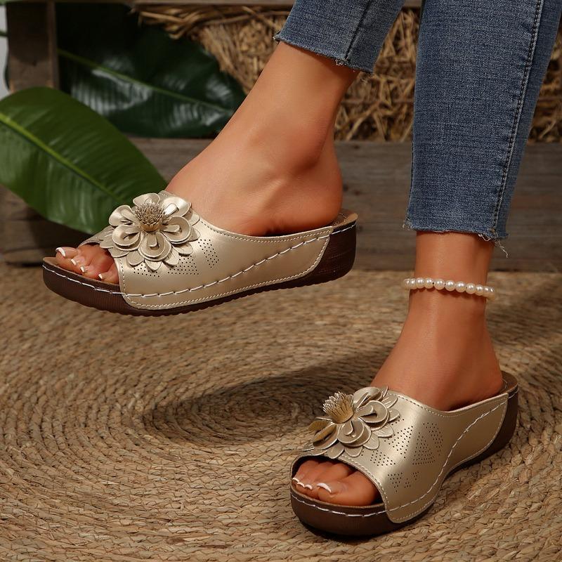 Women's Floral Cut-Out Platform Sandals, Open Toe Wedge Beach Slides, Plus Size Summer Casual Shoes