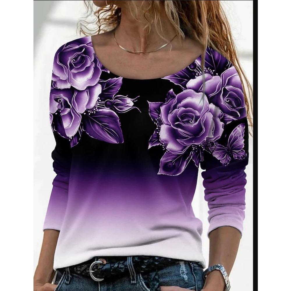 JPNTKY Women's Fashion Casual Autumn Winter Floral Print Long Sleeve O-Neck Blouses & Shirts