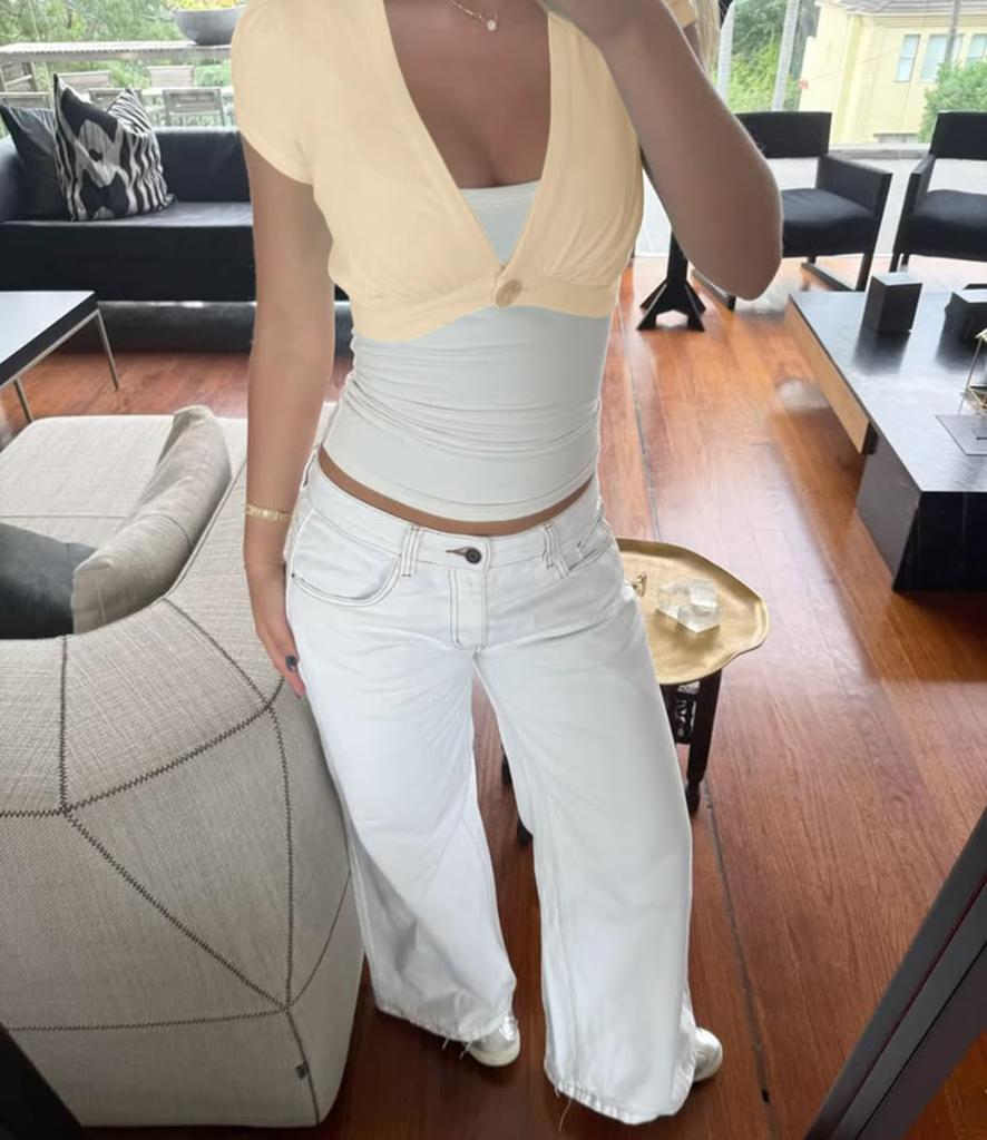 Women's Fashion Casual Solid Color Deep V Neck Short Sleeve Crop Top Button Front Slim Fit Summer Shirt