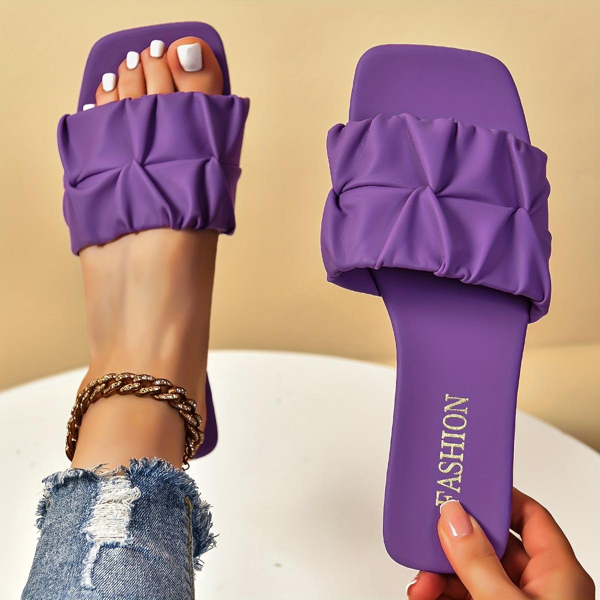 

Женские дизайнерские босоножки-слайды, повседневные летние туфли на плоской подошве с открытым квадратным носком, легкие босоножки-слайды 42 фиолетовый